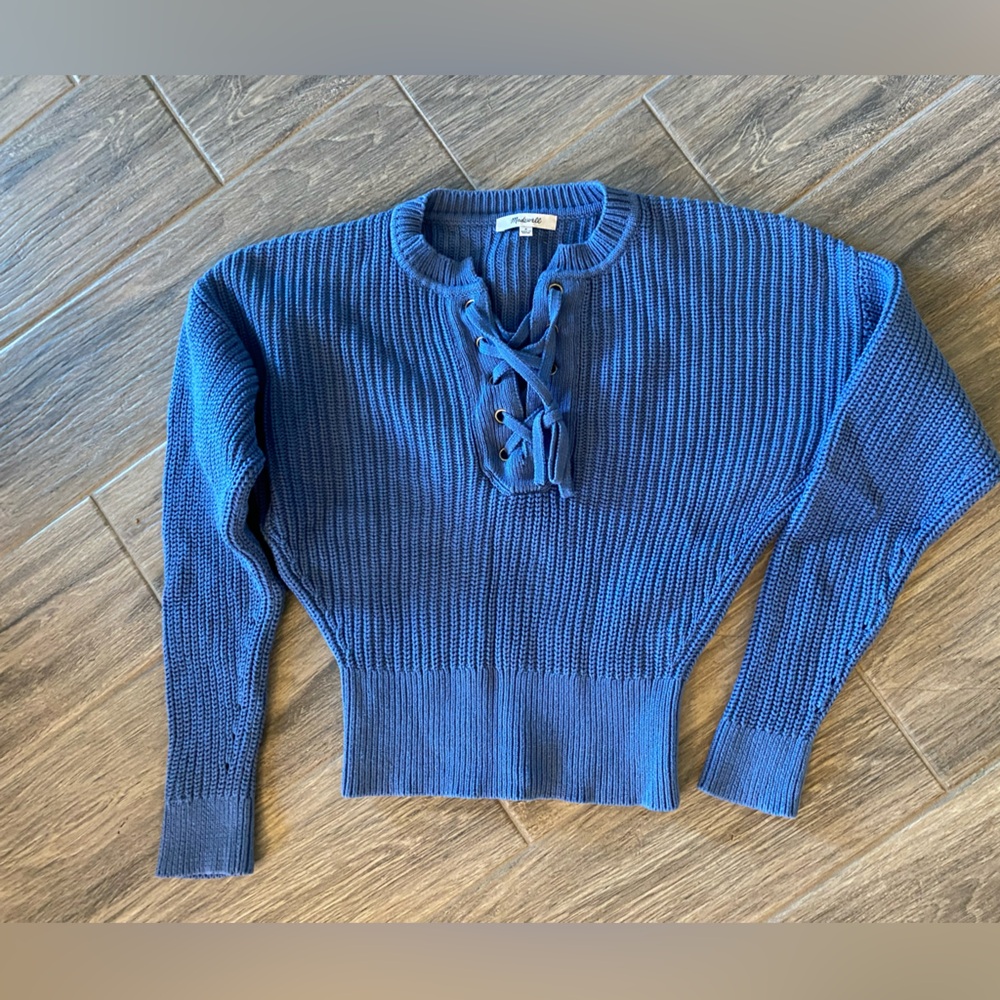 Madewell Ribbed Lace-up Cotton Women Sweater - Delphinium Blue small